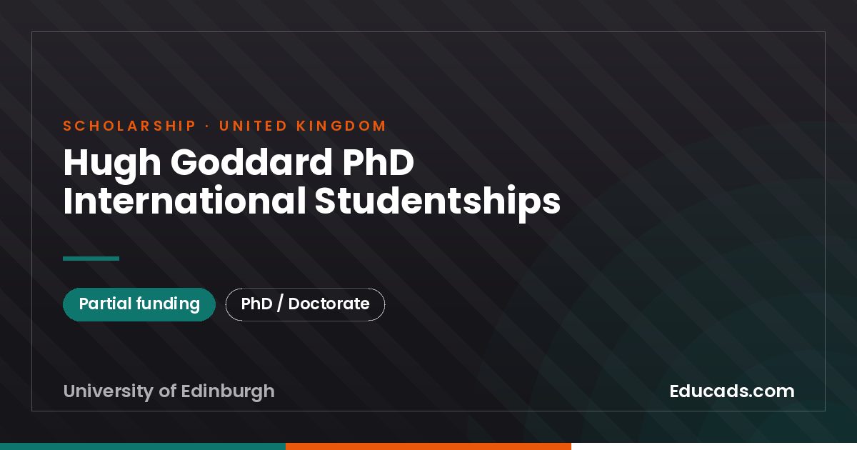 Hugh Goddard PhD International Studentships scholarship